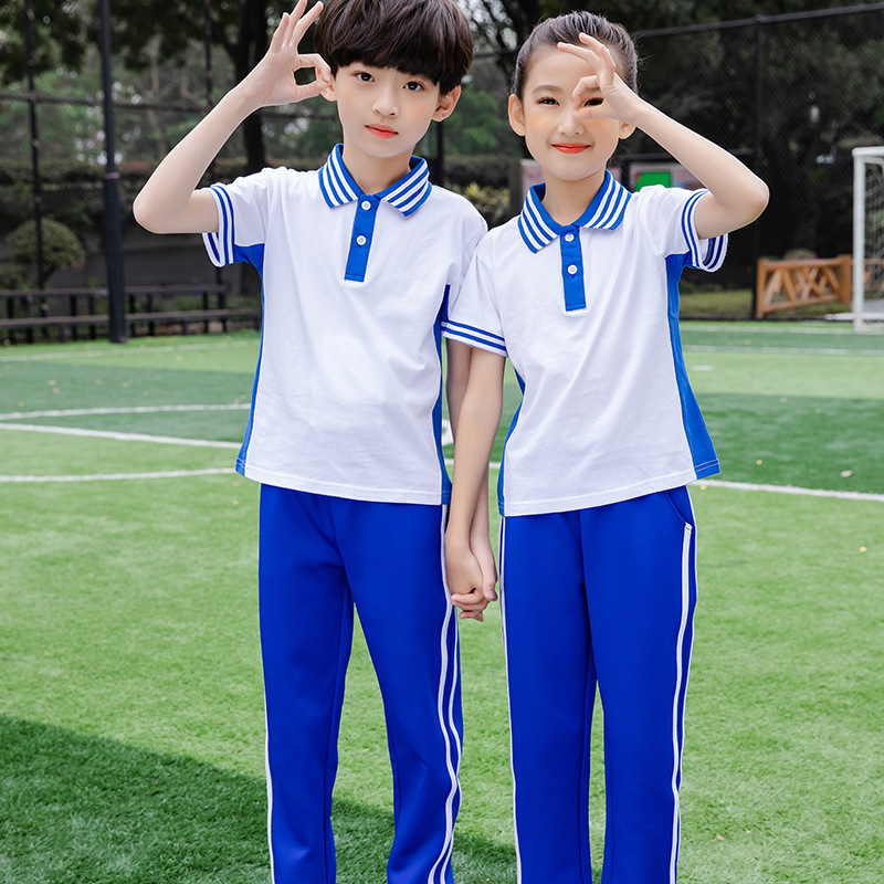 藍(lán)白色兒童夏季短袖套裝班服幼兒園園服定制